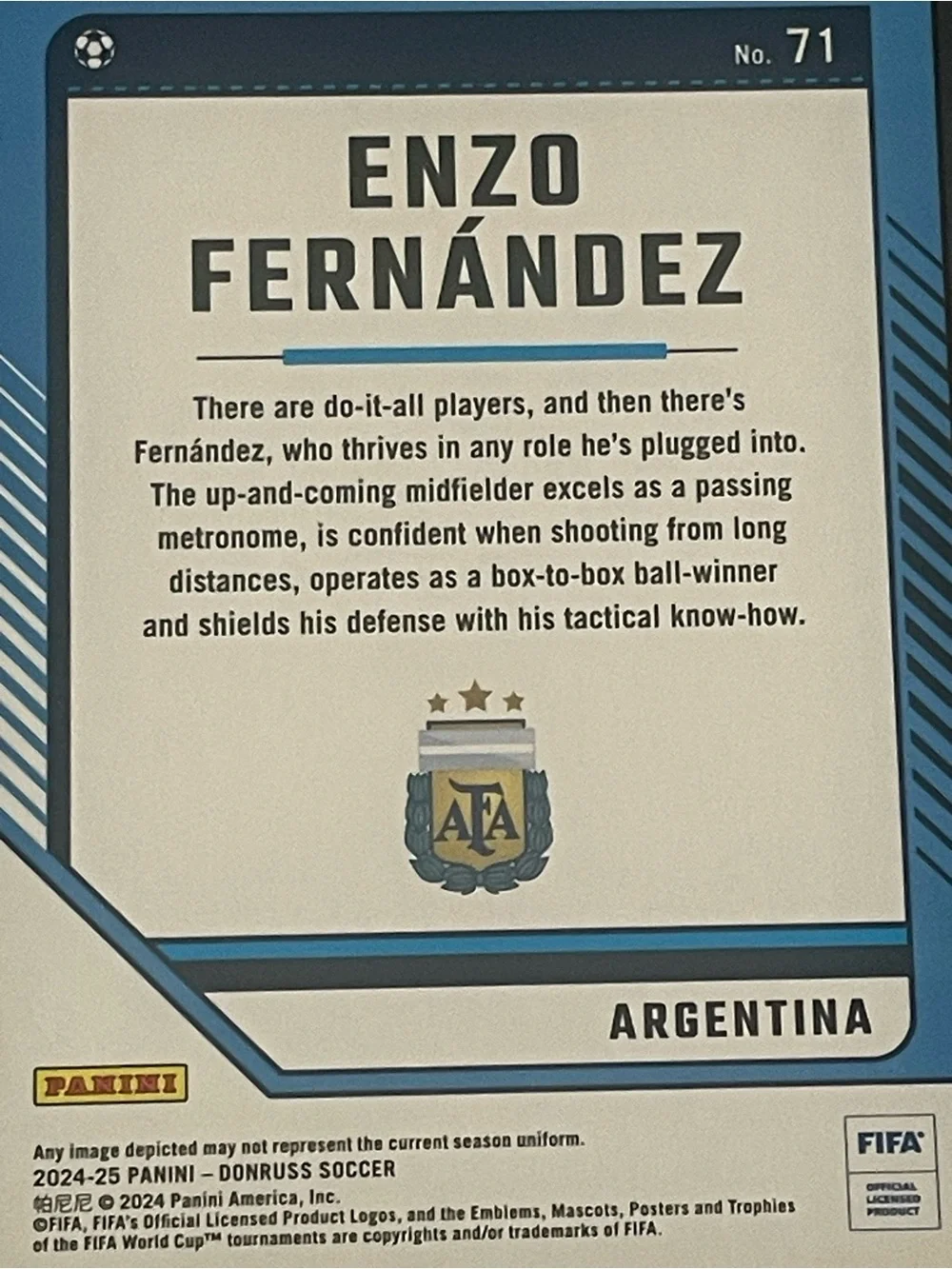 Enzo Fernández 2024/25 Panini Donruss FIFA Soccer #71 Argentina Base Card